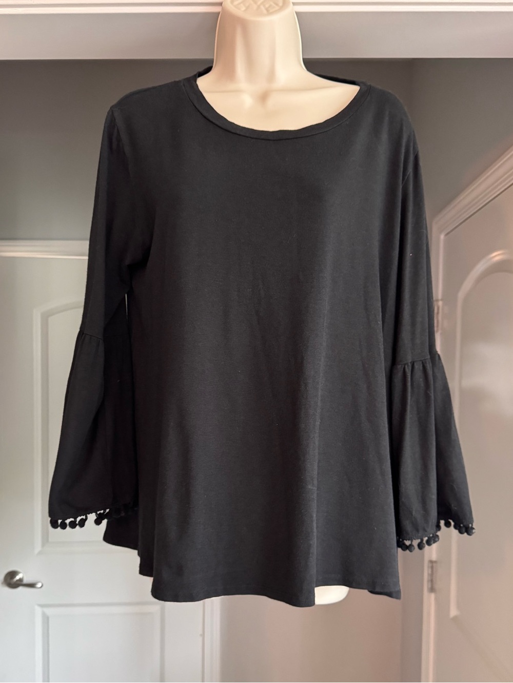 Johnny Was CALMÉ Black Bell Sleeve Top Medium Boho Bamboo Pom Pom